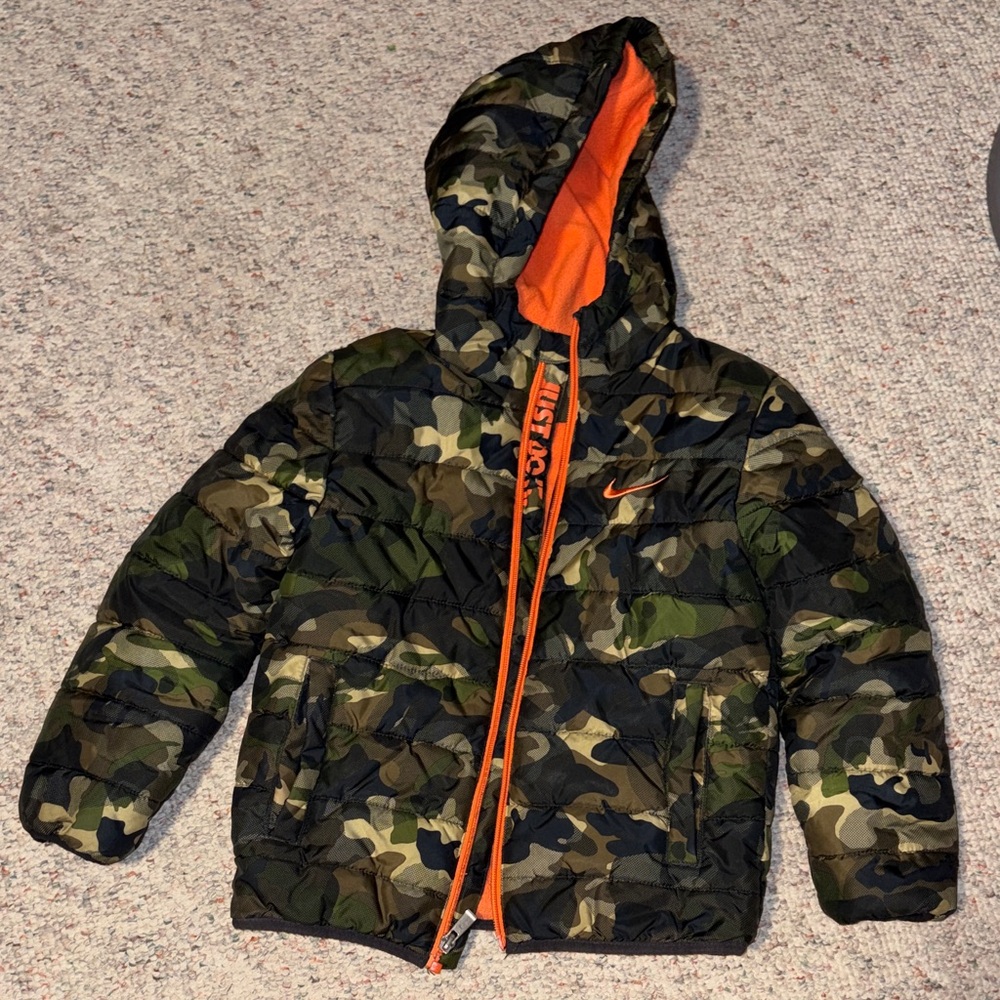 Camouflage Hooded Jacket with Orange Accents